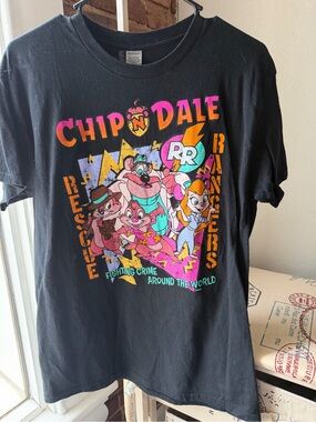 Disney Black Tee with Neon Chip 'n Dale Rescue Rangers Print